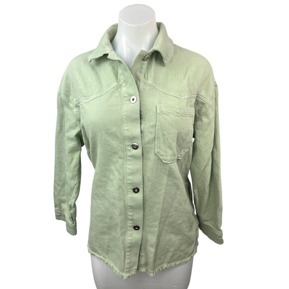 Zara Women's Green Denim Button Down Raw Hem Long Sleeve Shirt Jacket Top Size S - Picture 1 of 5